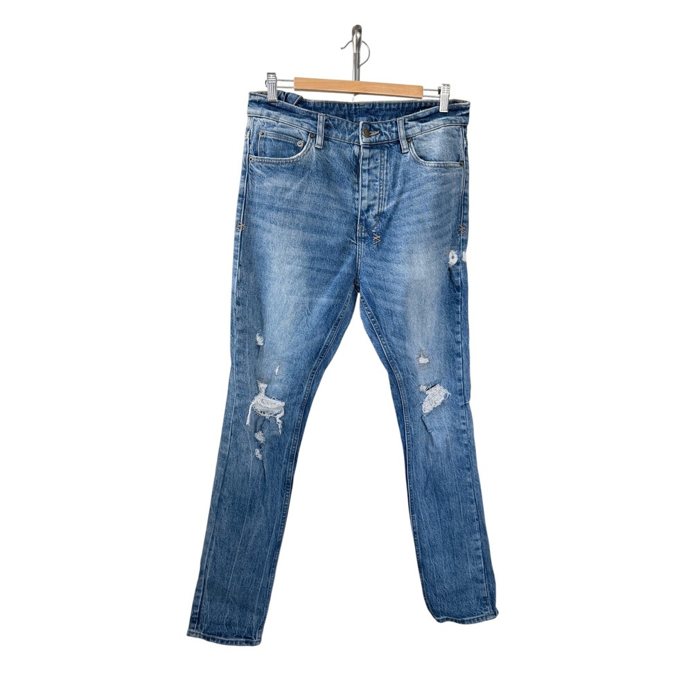 Ksubi Chitch Big Kat Slim Fit Distressed Blue Denim Jeans Size 33 Ripped Cross